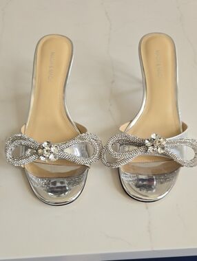 MACH & MACH Silver Crystal Bow Slide Mules